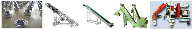 Inclined Conveyors, Rotary feeders, Transfer Turn tables, Product loading conveyors, Pinch roll assembles, Product storage Silos